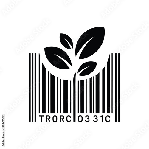 A black barcode design incorporating stylized leaf and plant imagery