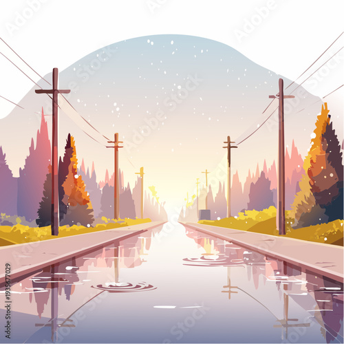 Serene autumn road at sunrise with reflective puddles, inviting a peaceful journey through the colorful landscape