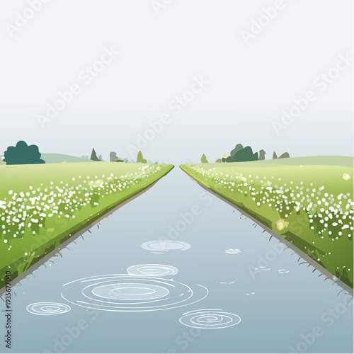 Tranquil Canal Scene with Ripples in Water Amidst Green Fields and White Flowers