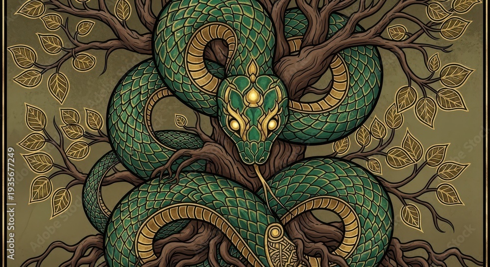 Obraz premium Mystical green serpent coils tightly around the trunk and branches of a stylized tree.