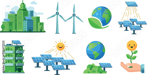 Set of 8 renewable energy icons vector, eco friendly symbols for sustainable development