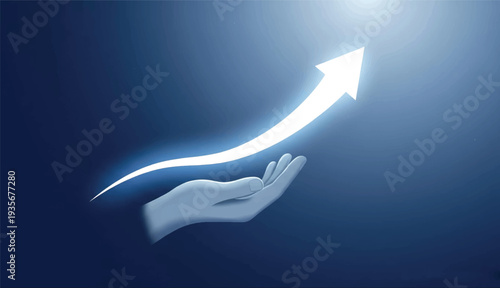 Glowing Blue Arrow of Success Guided by Human Hand for Business Growth Concept