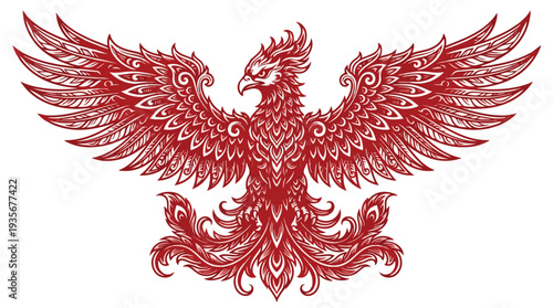 Intricate Red Phoenix Illustration with Ornate Wings and Tail Feathers.