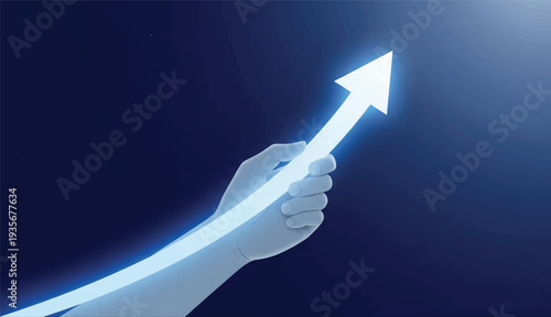 Glowing Blue Arrow of Success Guided by Human Hand for Business Growth Concept