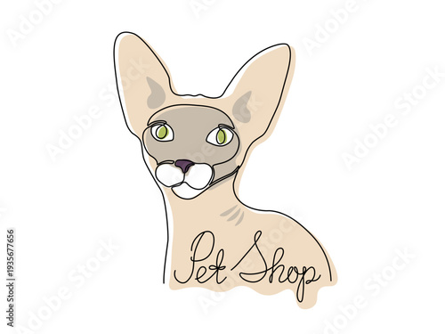 logo for an animal store, pet shop, sphinx cat face. One line handwritten font, continuous single sketch