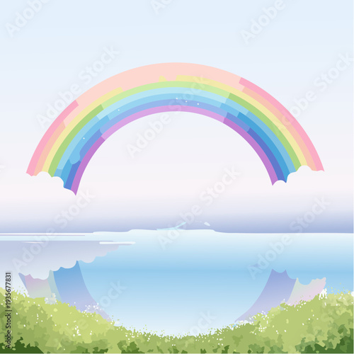 Vibrant Pastel Rainbow Arching Over Tranquil Reflective Water and Lush Green Landscape