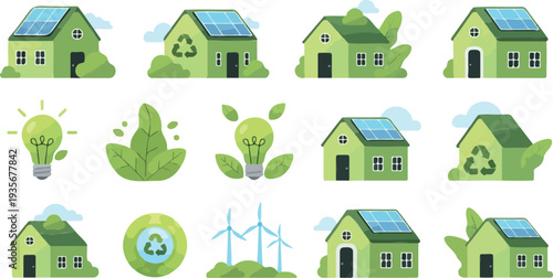 Set of 15 eco-friendly house and energy icons vector