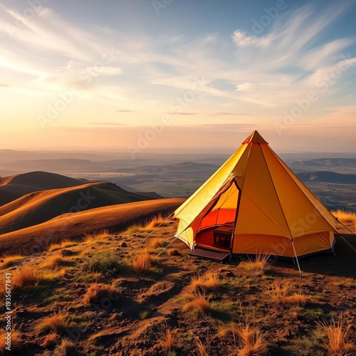 Tent perched atop a rolling hill, with panoramic views of the surrounding landscape,  nature,  exploration