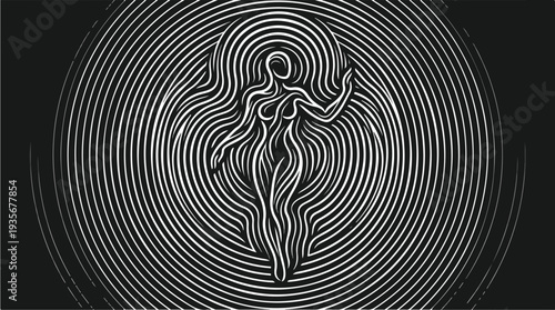 Abstract Figure Emerging from Concentric Circles in Black and White.