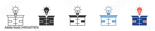Unboxing Innovative Ideas Light Bulb Emerging from a Box Icon Set Symbolizing Creative Solutions, Discovery, and Breakthrough Conceptualization