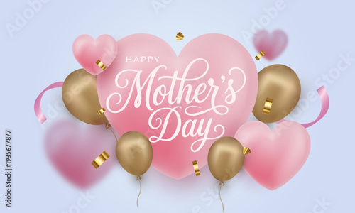 Happy Mother's Day Greeting Background with 3D Pink Hearts and Gold Balloons