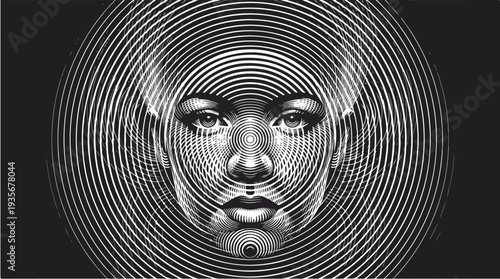 Abstract Portrait of a Womans Face with Concentric Circles.