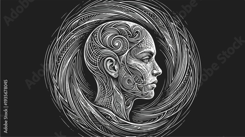 Intricate Human Head Sculpture with Swirling Patterns.