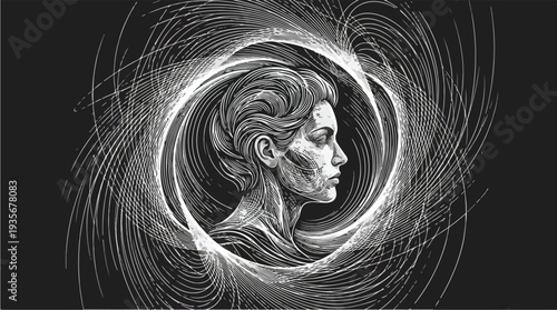 Abstract Portrait of a Womans Head Surrounded by Swirling Lines.