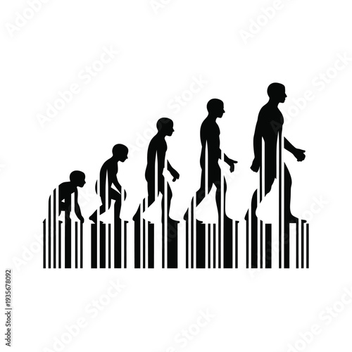 Evolutionary stages depicted as silhouettes ascending a barcode structure