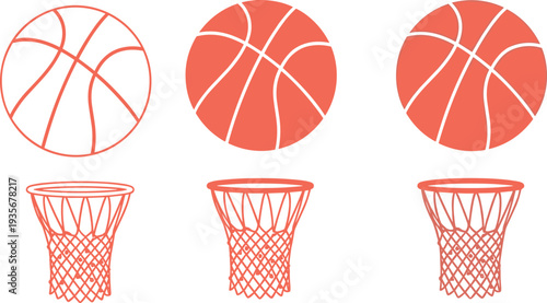 Cad drawing flat vector illustration of basketball ball and net icon set with outline and silhouette styles for sports competition