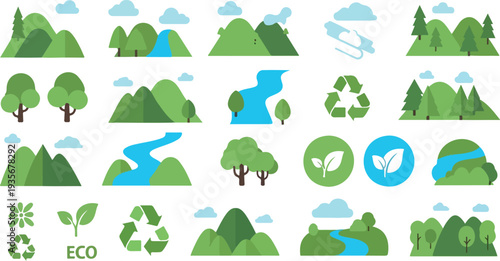 Eco friendly icons, green nature symbols, recycling logos, environmental vector graphics, 25 eco icons set
