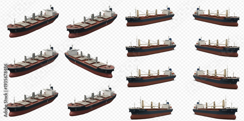 Multiple cargo ships for maritime transport and global trade, isolated on transparent background.