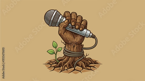 Tree Hand Holding Microphone Symbolizing Music Growth.