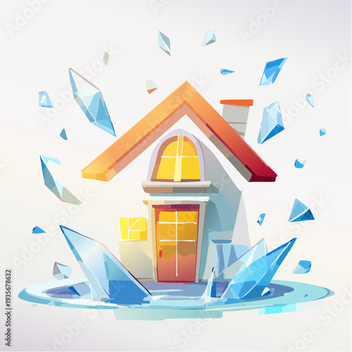 Shattered house symbolizing home insurance claims and property damage in illustration