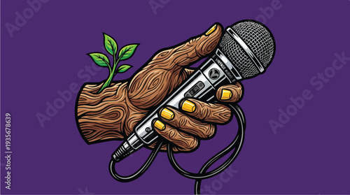 Hand Holding Microphone with Sprouting Plant.