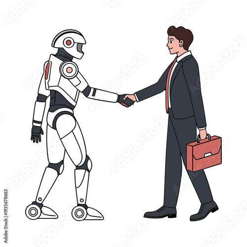 Businessman Shaking Hands with Robot AI Partnership Futuristic Technology Concept Illustration