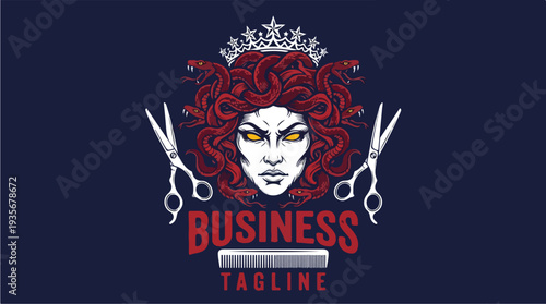Medusa Hair Salon Logo with Scissors and Crown.