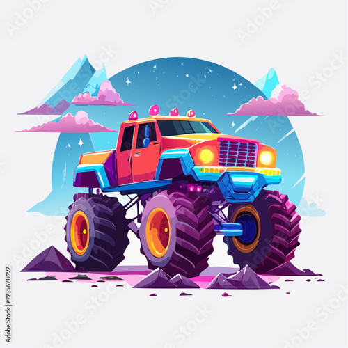 Off-road monster truck with large wheels driving on rocky terrain under a starry sky