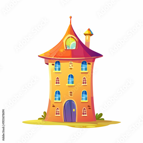 Whimsical cartoon fairytale house with colorful windows and pointed roof