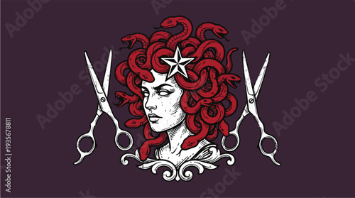 Medusa Hairdresser Scissors Mythological Creature Illustration.