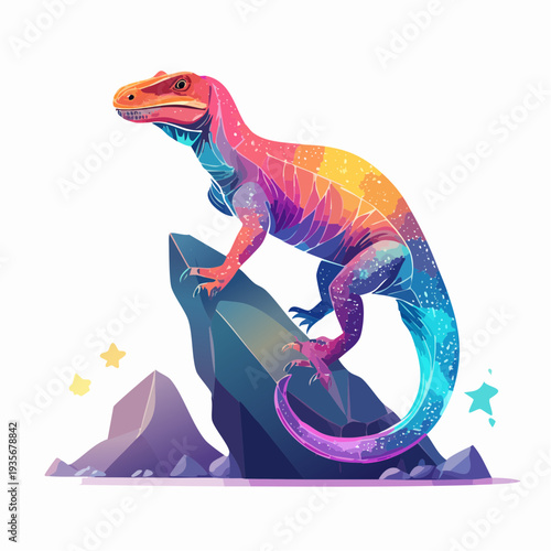 A dynamically posed rainbow-hued dinosaur illustration, showcasing vibrant cosmic scales on a sturdy rock formation