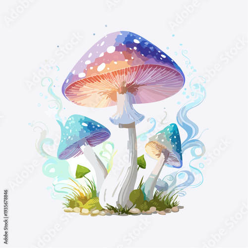 Enchanting, mystical, watercolor mushrooms with magical glow and whimsical fungi