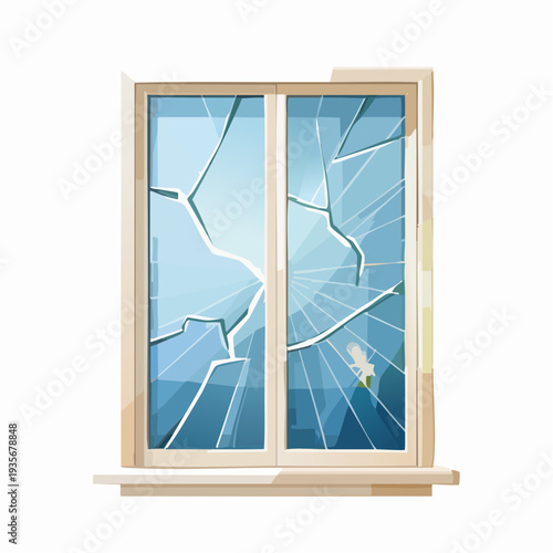 Cracked glass pane in a damaged window frame, illustrating breakage, vandalism, or accident repair concept