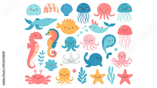 Happy Ocean Animals Collection Flat Cartoon Sea Creatures Illustration