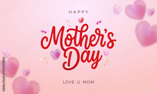 Mother's Day Greeting Card with Pink Hearts and Calligraphy