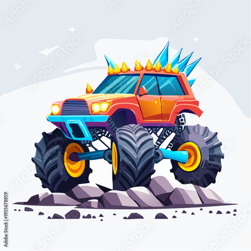 Monster truck illustration with large tires and spiky roof on rocky terrain