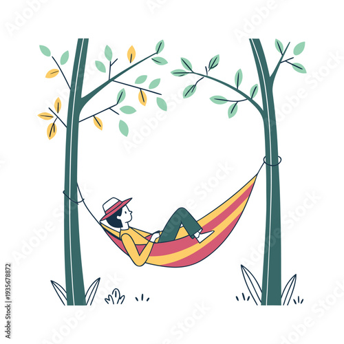 Peaceful Outdoor Relaxation Concept Person Resting in Vibrant Hammock Clean Flat Design