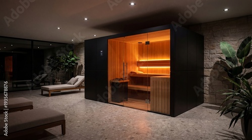 Wallpaper Mural Modern luxury sauna with glass walls and wooden interior in a spa setting. Contemporary wellness room with stone walls and lounge chairs. Relaxation and health concept Torontodigital.ca