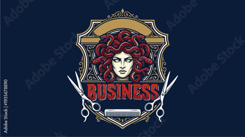 Medusa Business Logo with Scissors and Comb.