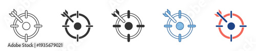 A collection of vector icons depicting a bullseye target successfully hit by an arrow, symbolizing precision, goal achievement, and strategic objectives