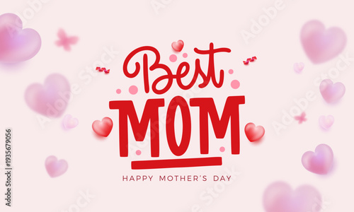 Red and pink Mother's Day background with 3D realistic heart balloons and stylish calligraphy