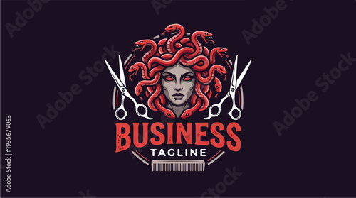 Medusa Head with Scissors and Barber Pole Logo.