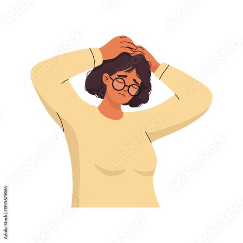 Overwhelmed woman grabbing head in panic