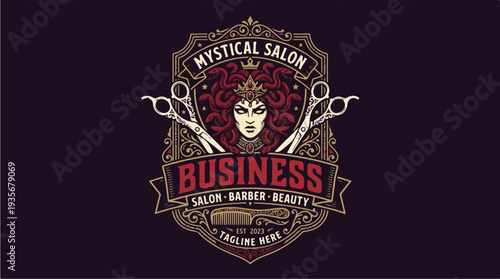 Mystical Salon Business Logo with Scissors and Queen.
