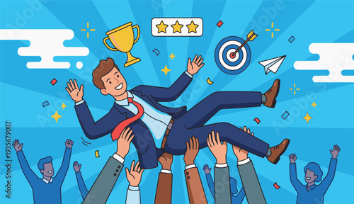 Businessman Celebrating Success Being Tossed in Air by Team Hands