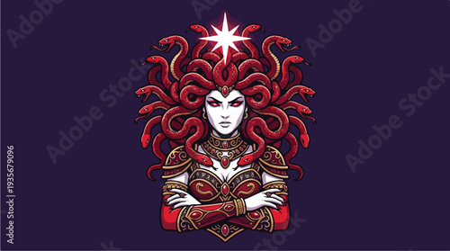 Medusa Gorgon Warrior Portrait with Snake Hair and Star.