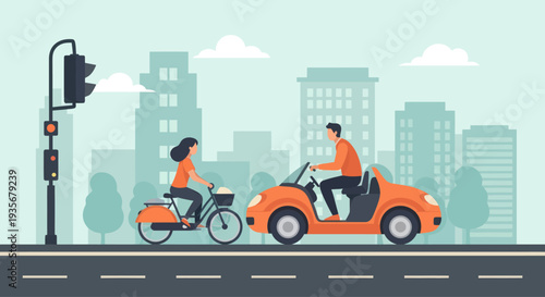 City Traffic Scene: Cyclist and Car at Intersection