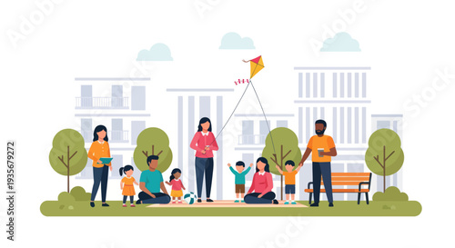 Diverse Family Enjoying Outdoor Picnic and Kite Flying in a Park