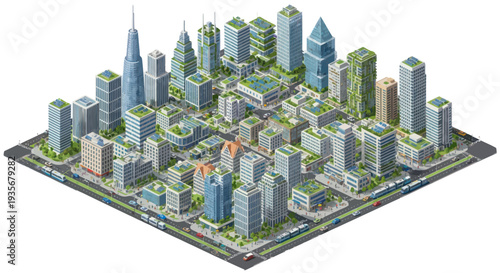 Isometric Pixel Art Cityscape with Green Buildings and Trams