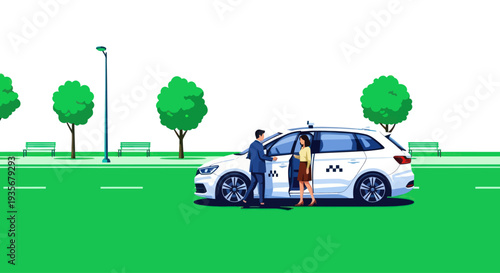 Man and woman entering white taxi car on a green street with trees and benches